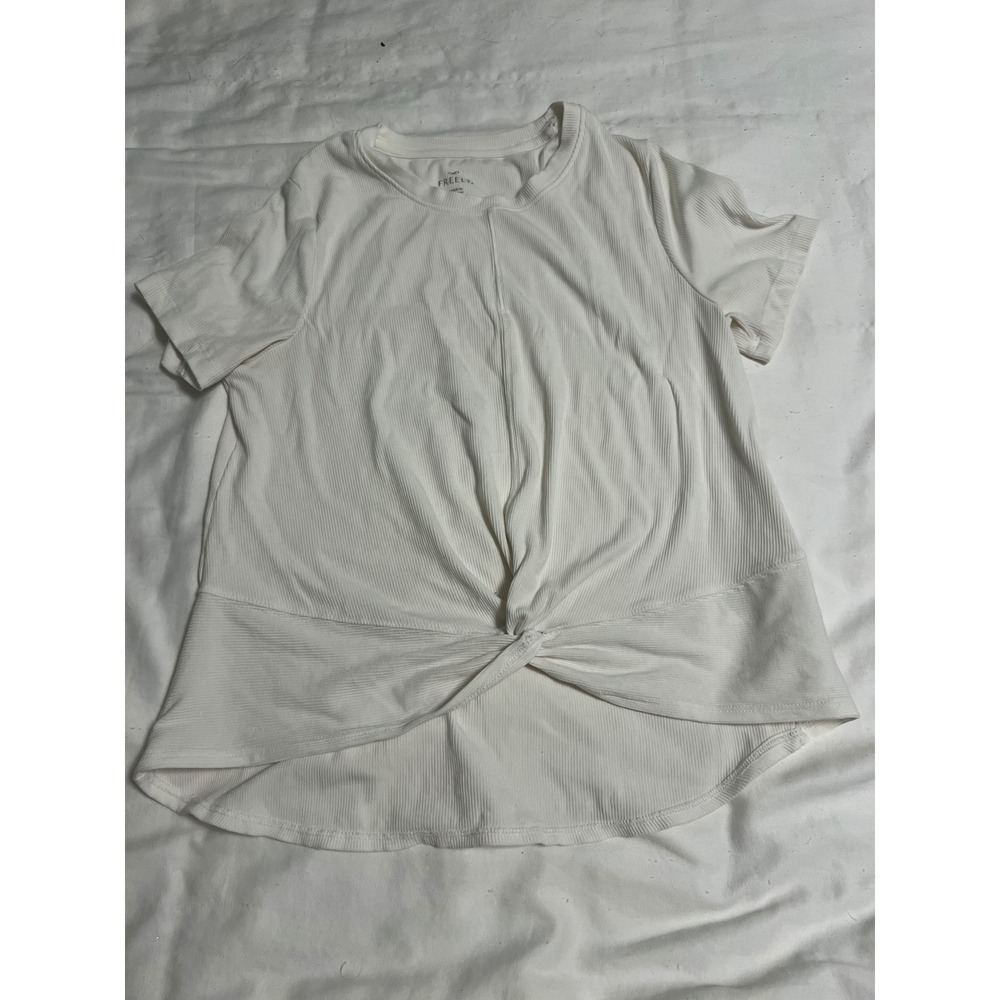 Freely Womens Ribbed Twist Front Short Sleeve Top Cream White Large FR006947